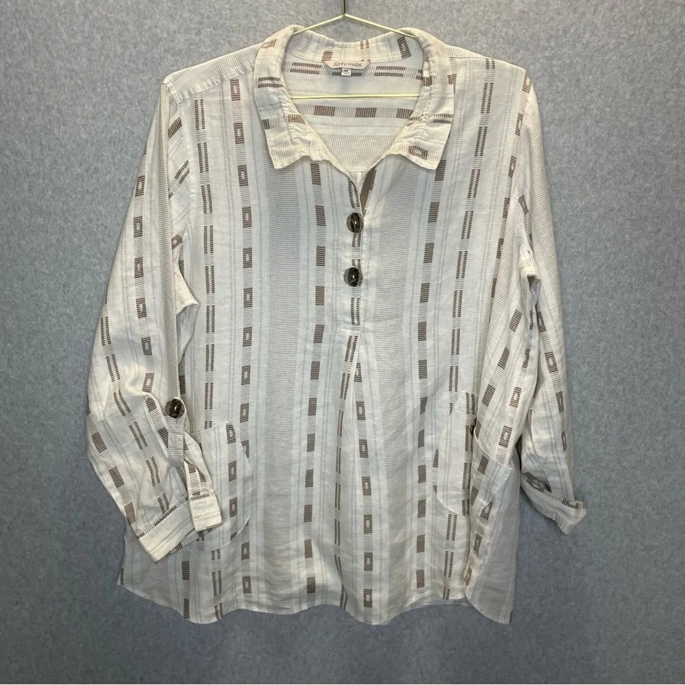 John Mark 100% Linen Roll Tab Henley Button Down Bucket Pocket Tunic Top